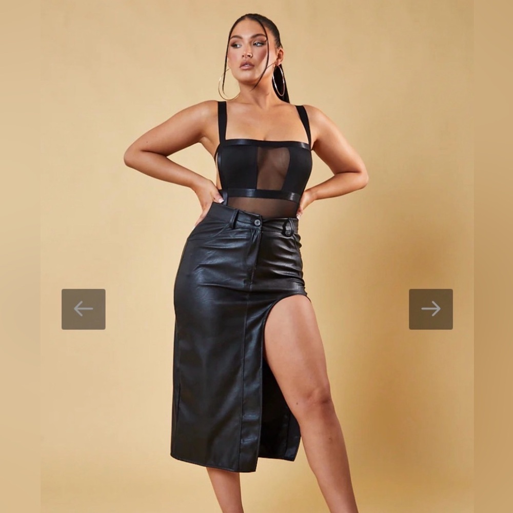 Thigh Slit Fake Leather Midi Skirt